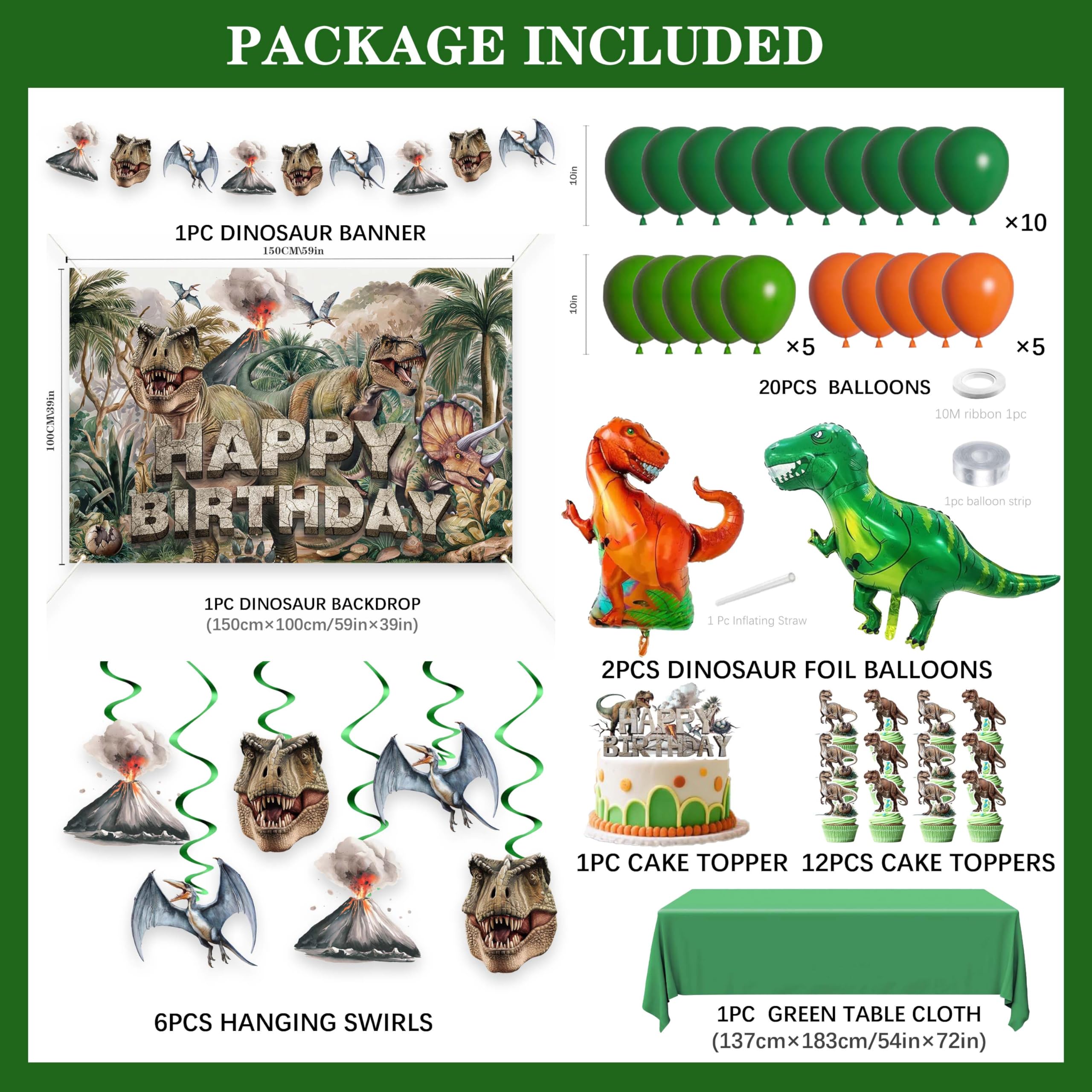 45-Piece Dinosaur Birthday Party Decorations Set – Backdrop, Balloons, Tablecloth & Cake Toppers