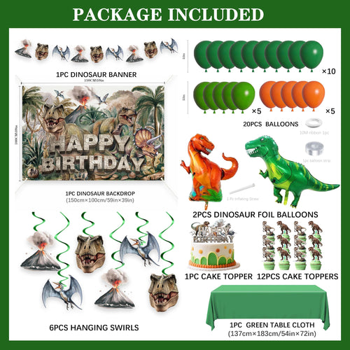 45-Piece Dinosaur Birthday Party Decorations Set – Backdrop, Balloons, Tablecloth & Cake Toppers