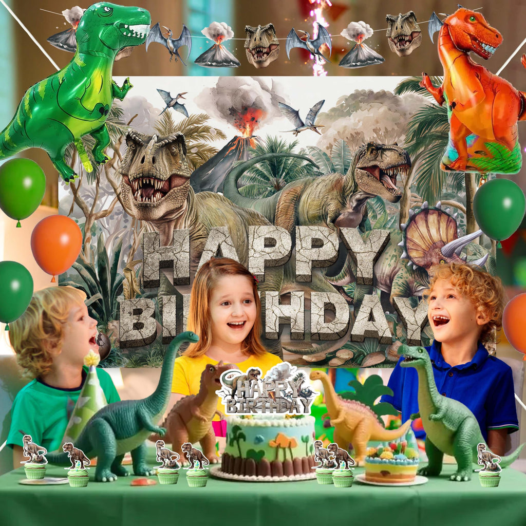 45-Piece Dinosaur Birthday Party Decorations Set – Backdrop, Balloons, Tablecloth & Cake Toppers