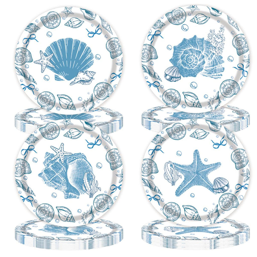 48 Blue Bow Seashell Paper Plates - 7 Inch Coastal Disposable Plates for Beach Parties