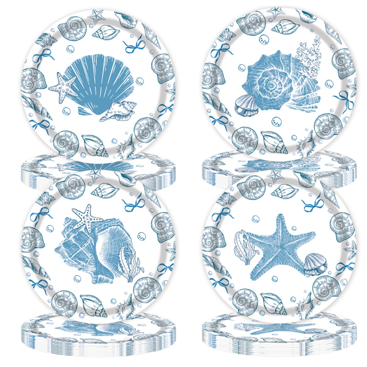 48 Blue Bow Seashell Paper Plates - 7 Inch Coastal Disposable Plates for Beach Parties