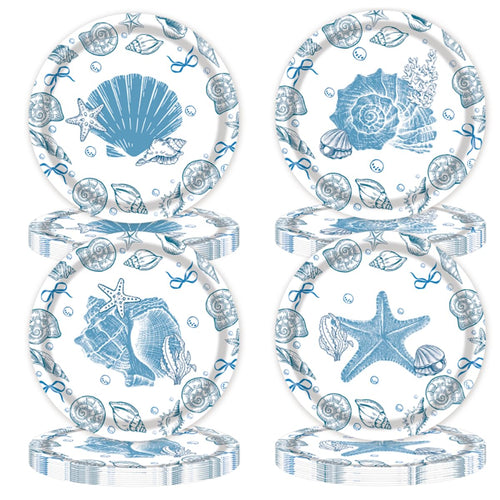 48 Blue Bow Seashell Paper Plates - 7 Inch Coastal Disposable Plates for Beach Parties