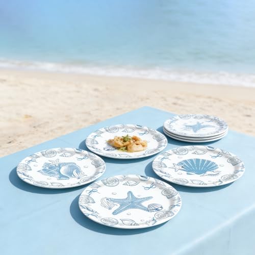 48 Blue Bow Seashell Paper Plates - 7 Inch Coastal Disposable Plates for Beach Parties