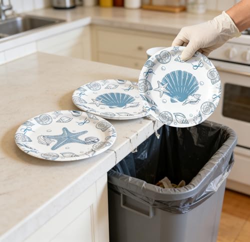 48 Blue Bow Seashell Paper Plates - 7 Inch Coastal Disposable Plates for Beach Parties