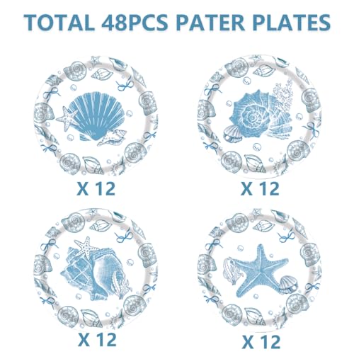 48 Blue Bow Seashell Paper Plates - 7 Inch Coastal Disposable Plates for Beach Parties