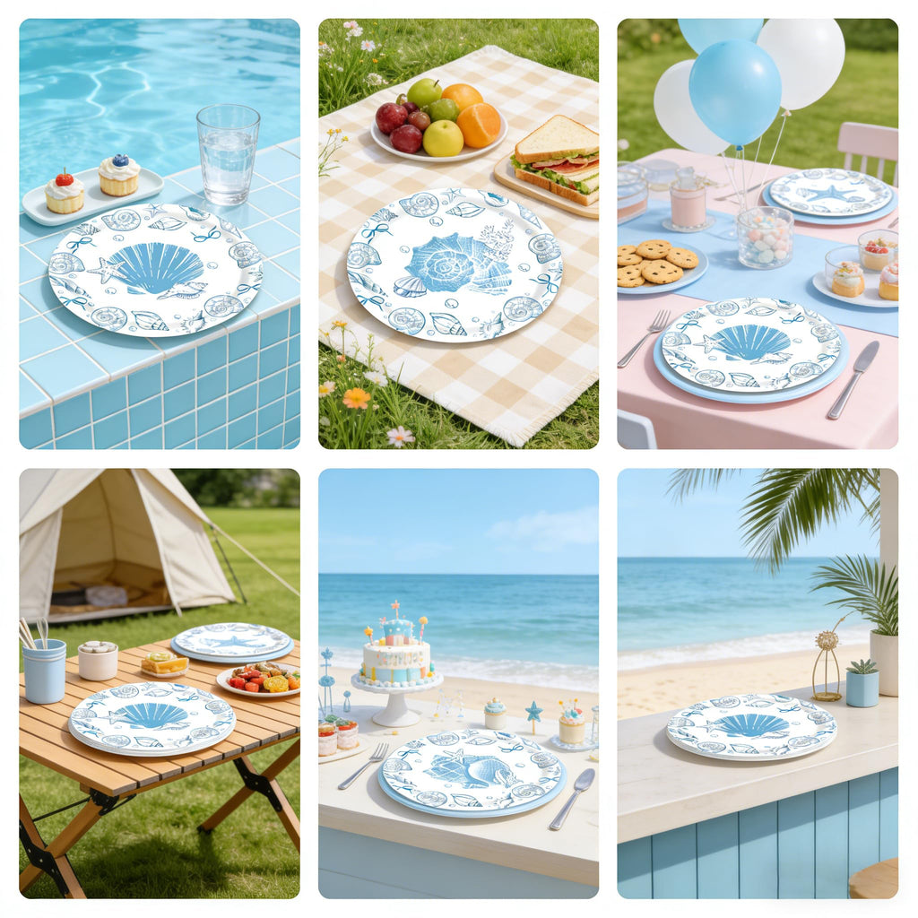 48 Blue Bow Seashell Paper Plates - 7 Inch Coastal Disposable Plates for Beach Parties