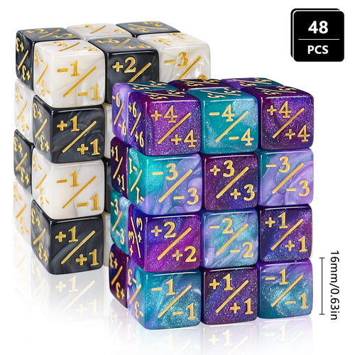 48 Glitter D6 Dice for MTG - Acrylic Marble Counters with Velvet Bag (Black/White & Blue/Purple)