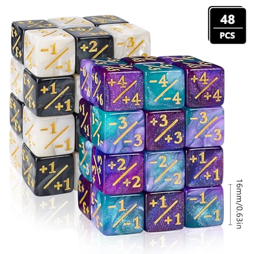 48 Glitter D6 Dice for MTG - Acrylic Marble Counters with Velvet Bag (Black/White & Blue/Purple)