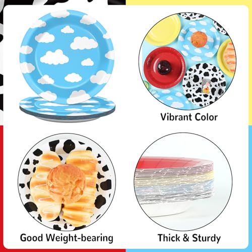 48-Pack Cartoon Story Paper Plates – 7-Inch Cow Print Sky Blue Cloud Disposable Party Tableware
