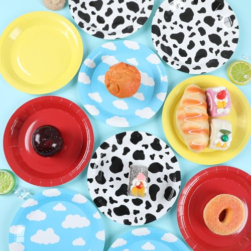 48-Pack Cartoon Story Paper Plates – 7-Inch Cow Print Sky Blue Cloud Disposable Party Tableware