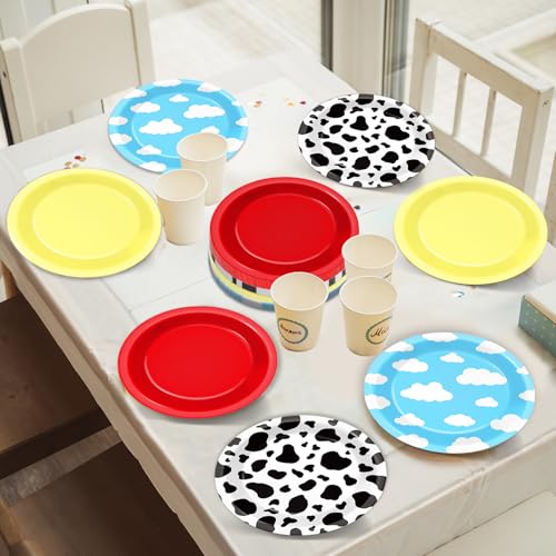 48-Pack Cartoon Story Paper Plates – 7-Inch Cow Print Sky Blue Cloud Disposable Party Tableware