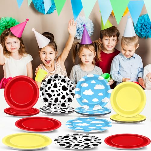 48-Pack Cartoon Story Paper Plates – 7-Inch Cow Print Sky Blue Cloud Disposable Party Tableware