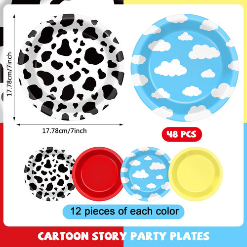 48-Pack Cartoon Story Paper Plates – 7-Inch Cow Print Sky Blue Cloud Disposable Party Tableware