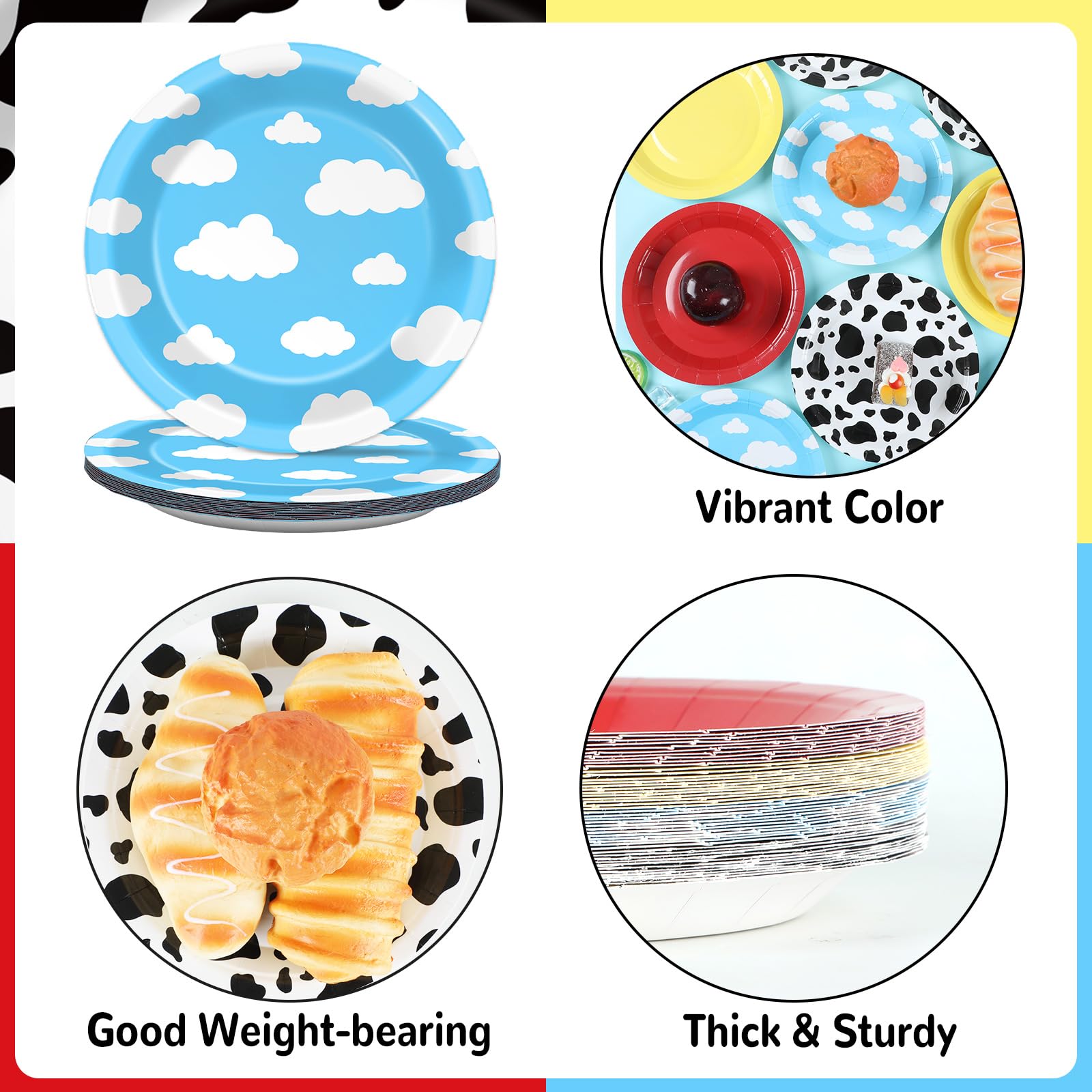 48-Pack Cartoon Story Paper Plates – 7-Inch Cow Print Sky Blue Cloud Disposable Party Tableware