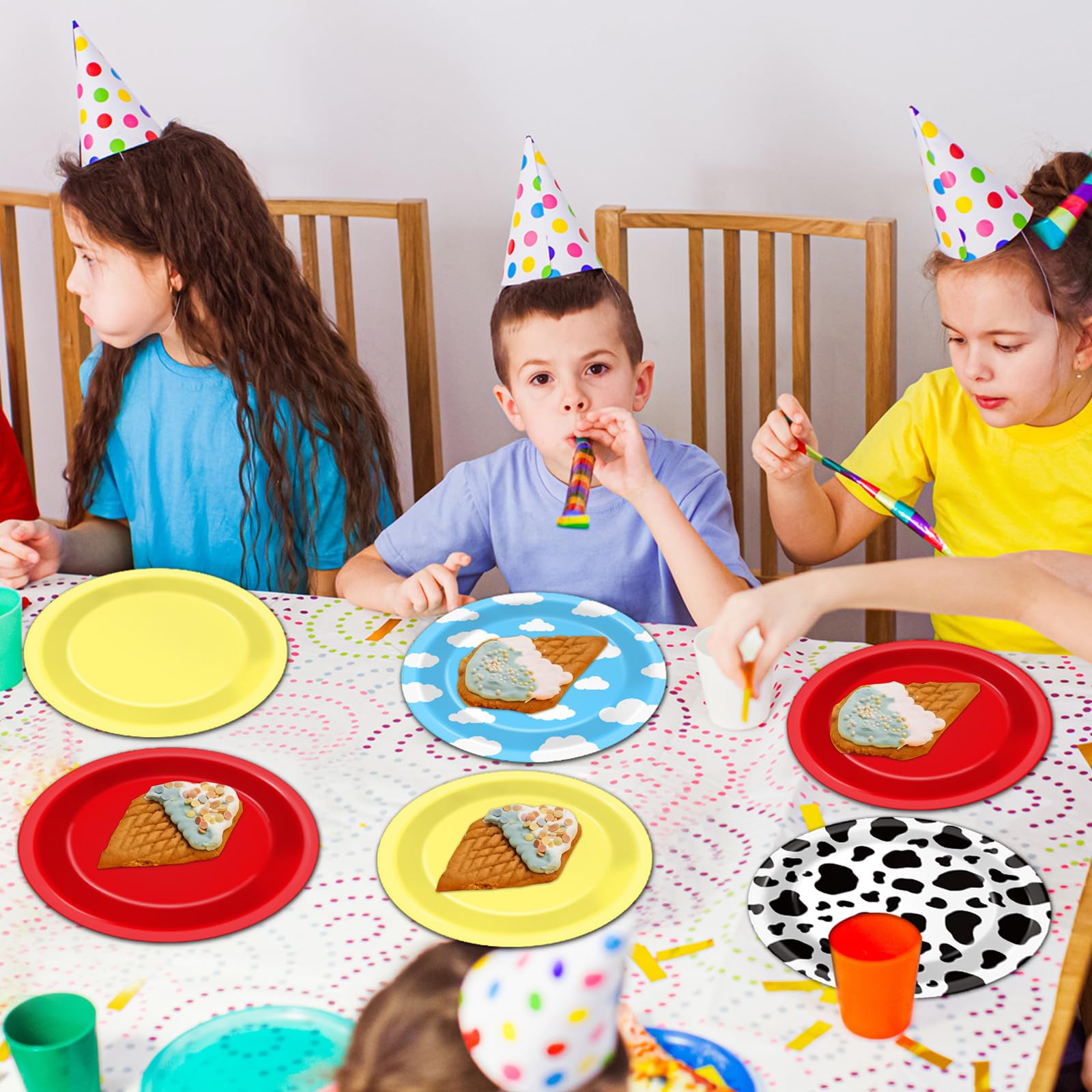 48-Pack Cartoon Story Paper Plates – 7-Inch Cow Print Sky Blue Cloud Disposable Party Tableware