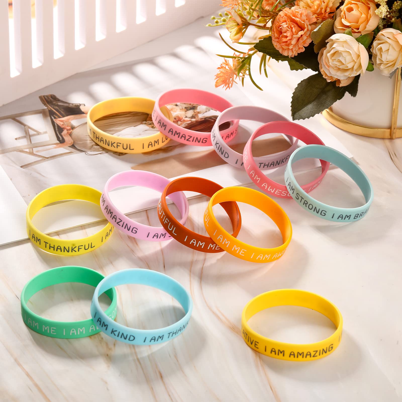 48 Pack Inspirational Silicone Wristbands for Kids – Motivational Rubber Bracelets in Fresh Colors, 12 Designs