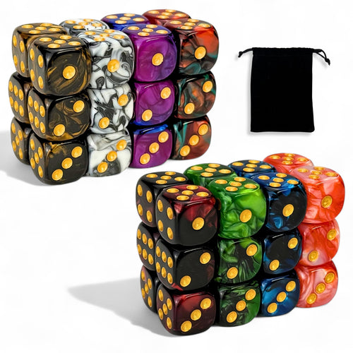 48 Pack Luck Lab 16mm Marble Swirl D6 Dice with Gold Pips and Velvet Bag