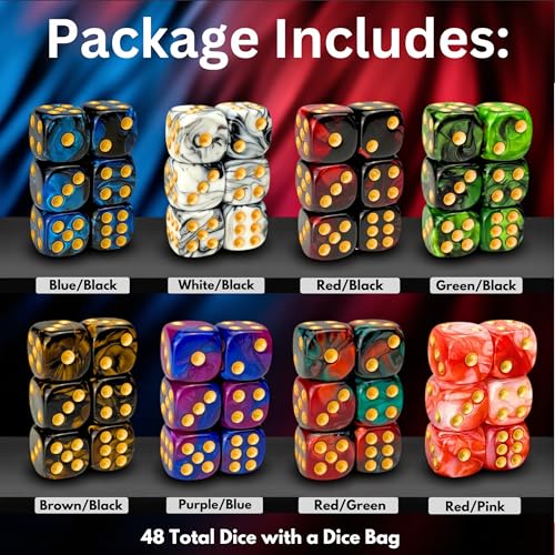 48 Pack Luck Lab 16mm Marble Swirl D6 Dice with Gold Pips and Velvet Bag