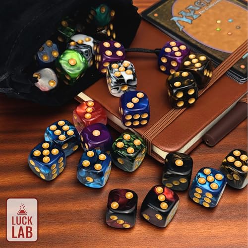 48 Pack Luck Lab 16mm Marble Swirl D6 Dice with Gold Pips and Velvet Bag
