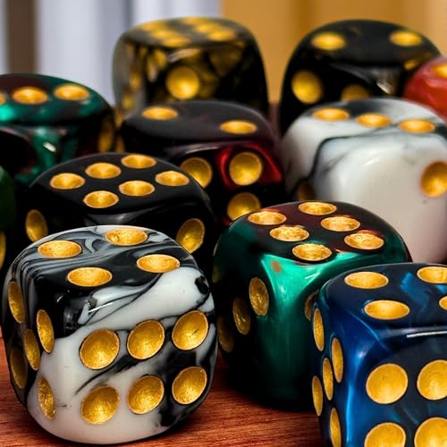 48 Pack Luck Lab 16mm Marble Swirl D6 Dice with Gold Pips and Velvet Bag