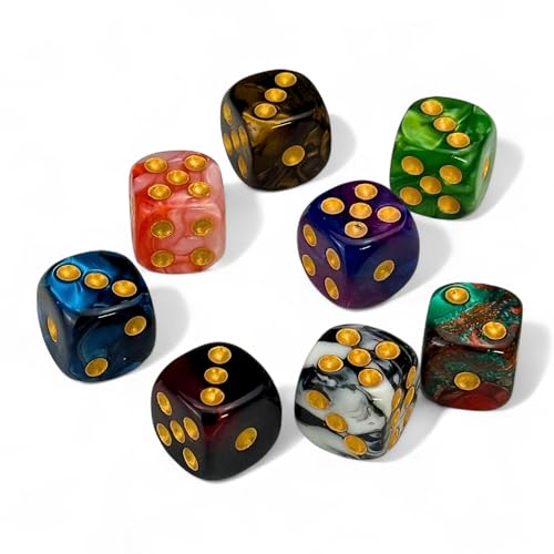 48 Pack Luck Lab 16mm Marble Swirl D6 Dice with Gold Pips and Velvet Bag