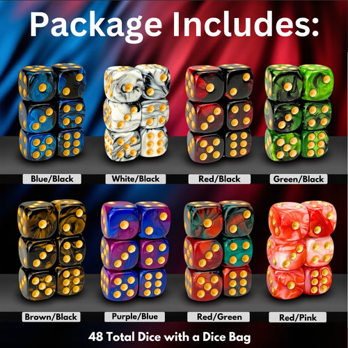 48 Pack Luck Lab 16mm Marble Swirl D6 Dice with Gold Pips and Velvet Bag
