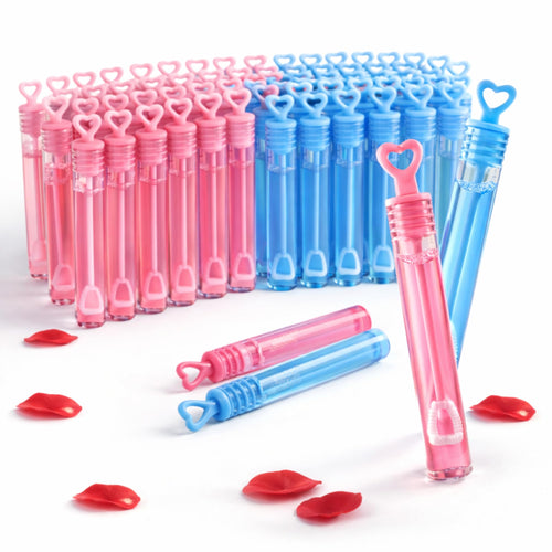 48 Pack Mini Heart Bubble Wands – Blue/Pink Wedding Favors, 4-Inch Bubble Tubes with Heart Wand by Liberty Imports