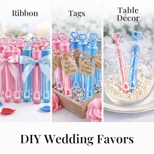 48 Pack Mini Heart Bubble Wands – Blue/Pink Wedding Favors, 4-Inch Bubble Tubes with Heart Wand by Liberty Imports