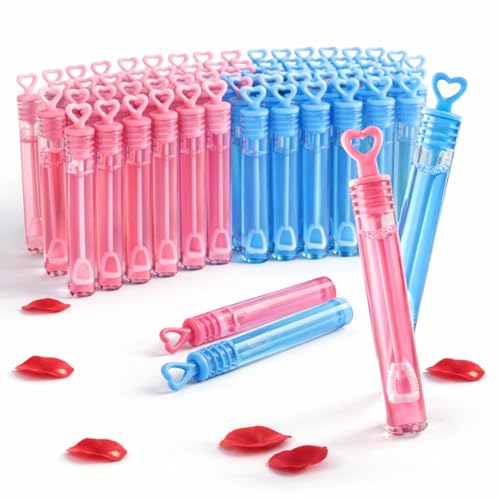 48 Pack Mini Heart Bubble Wands – Blue/Pink Wedding Favors, 4-Inch Bubble Tubes with Heart Wand by Liberty Imports