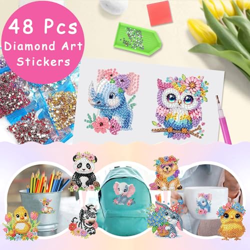 48-Piece Diamond Art Sticker Kit for Kids – Animal Gem Art Stickers, 5D Mosaic Craft for Boys Girls Ages 4-12