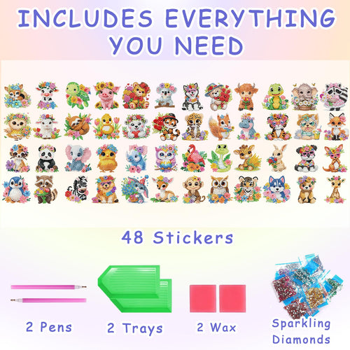 48-Piece Diamond Art Sticker Kit for Kids – Animal Gem Art Stickers, 5D Mosaic Craft for Boys Girls Ages 4-12