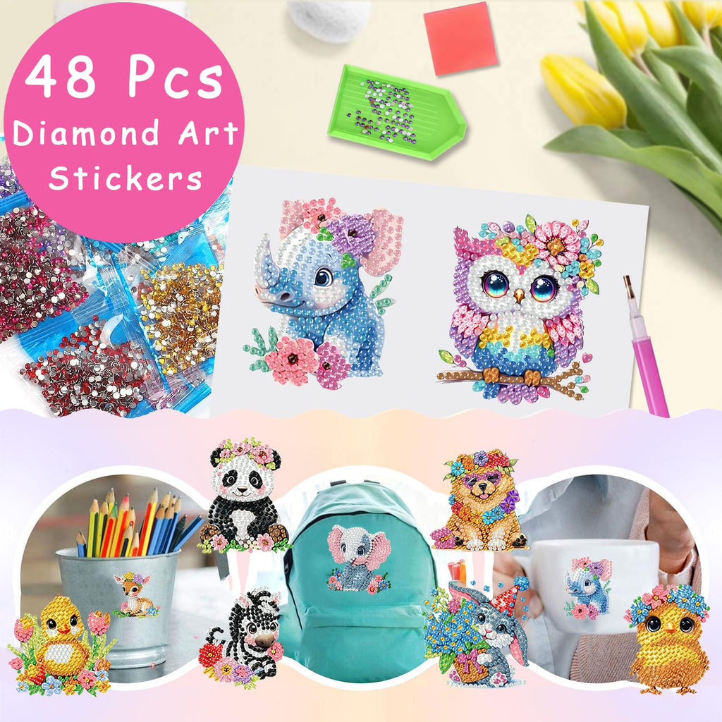 48-Piece Diamond Art Sticker Kit for Kids – Animal Gem Art Stickers, 5D Mosaic Craft for Boys Girls Ages 4-12