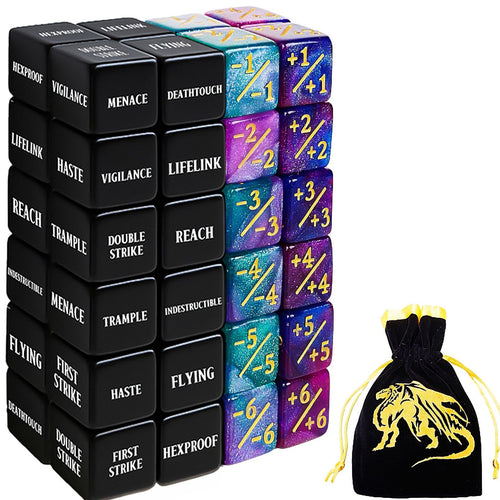 48-Piece MTG Counter Dice Set – Keyword, +1/+6 & -1/-6 Counters with Bag