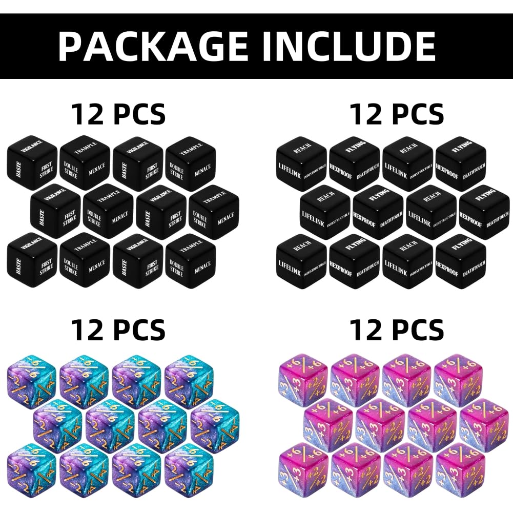 48-Piece MTG Counter Dice Set – Keyword, +1/+6 & -1/-6 Counters with Bag