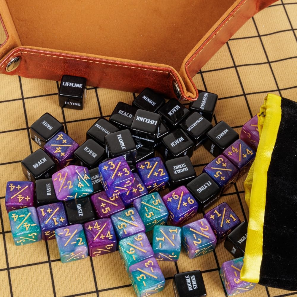48-Piece MTG Counter Dice Set – Keyword, +1/+6 & -1/-6 Counters with Bag