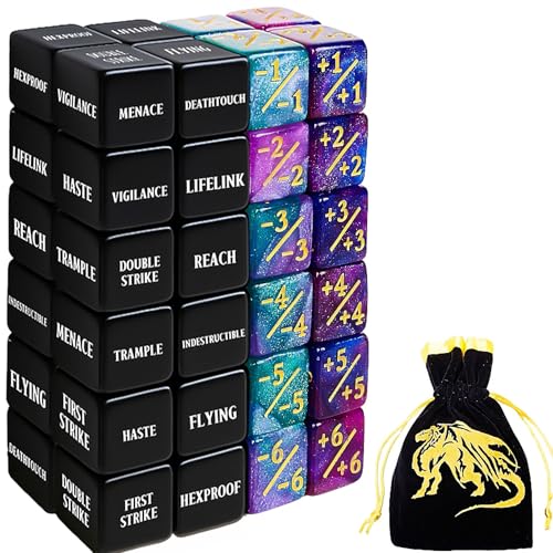48-Piece MTG Counter Dice Set – Keyword, +1/+6 & -1/-6 Counters with Bag