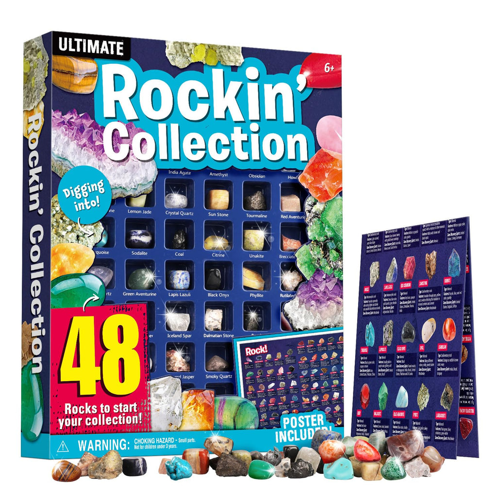 48-Piece Rock and Mineral Collection for Kids – Geology Gem Kit with Tiger’s Eye, Rose Quartz, and Identification Guide