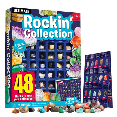 48-Piece Rock and Mineral Collection for Kids – Geology Gem Kit with Tiger’s Eye, Rose Quartz, and Identification Guide