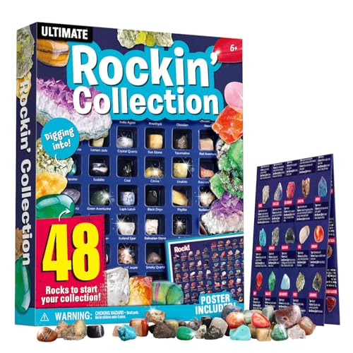 48-Piece Rock and Mineral Collection for Kids – Geology Gem Kit with Tiger’s Eye, Rose Quartz, and Identification Guide