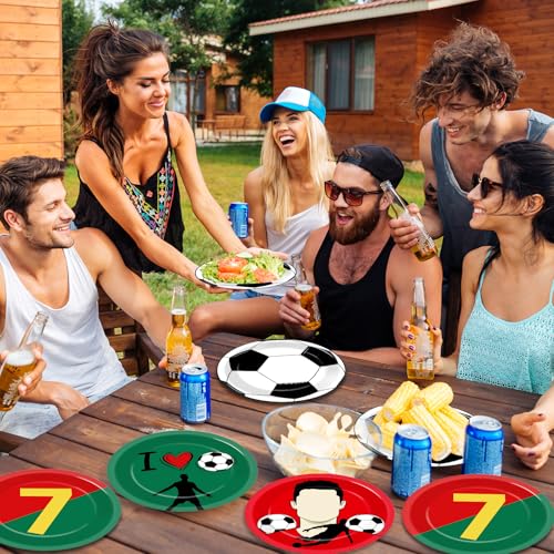 48 Soccer Paper Plates – Red & Green Disposable Dessert Plates for Sports Birthday Parties