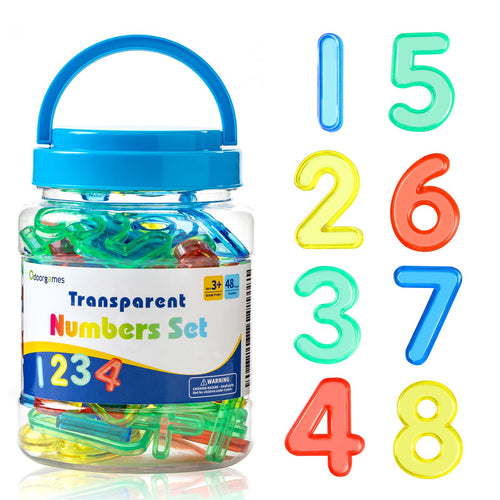 48 Translucent Number Tiles for Light Tables – 4 Sets of 1-10 & Symbols (Red, Blue, Yellow, Green)