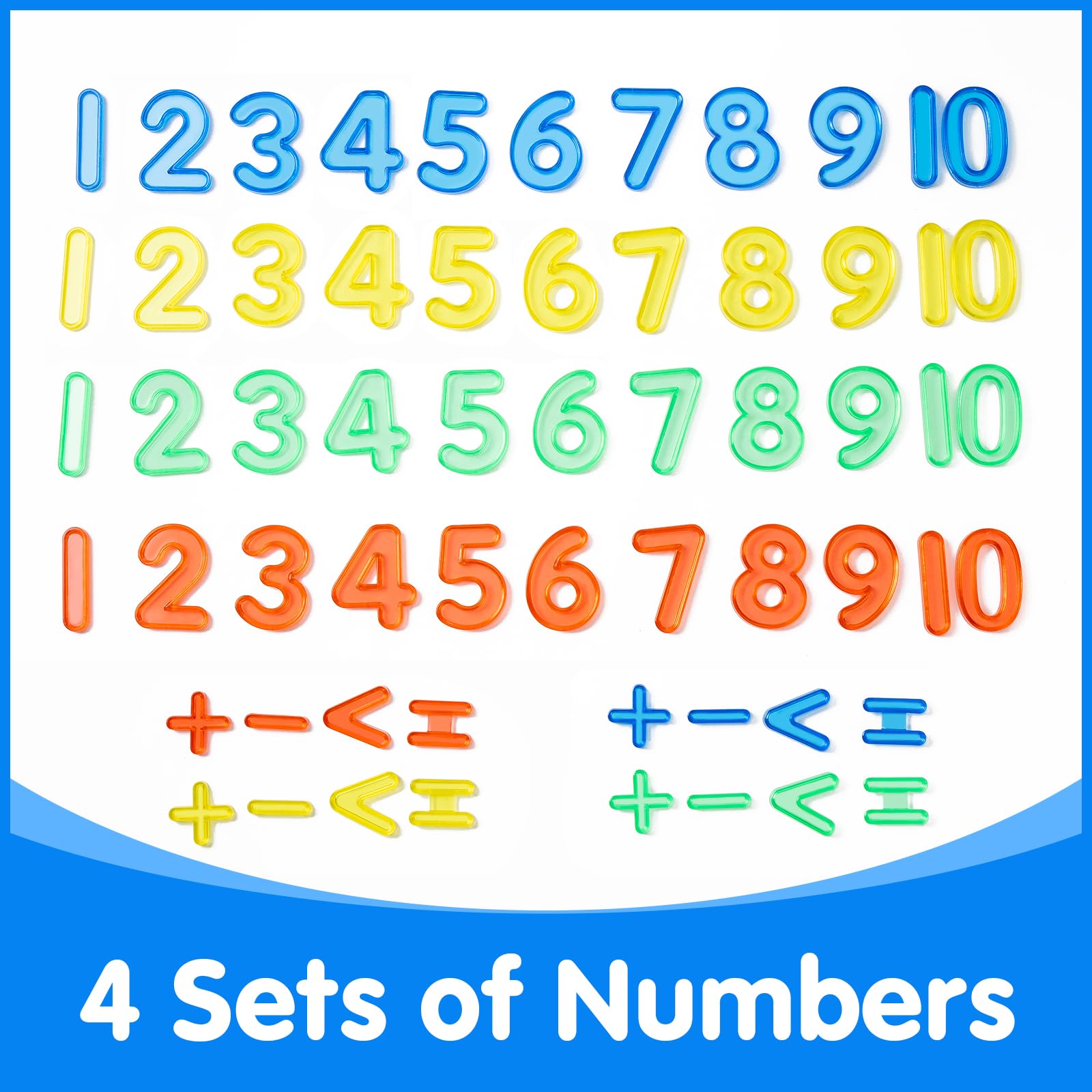 48 Translucent Number Tiles for Light Tables – 4 Sets of 1-10 & Symbols (Red, Blue, Yellow, Green)