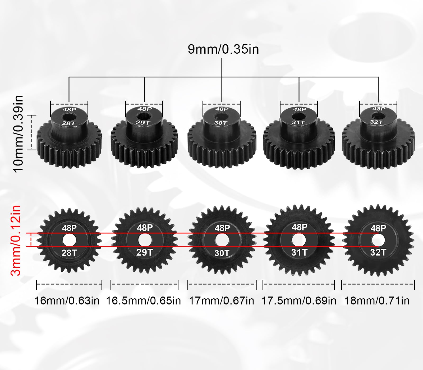 48P Pinion Gear Set 28T-32T (5 Gears) for 1/10 RC Cars – Hardened Steel, 3.175mm Shaft