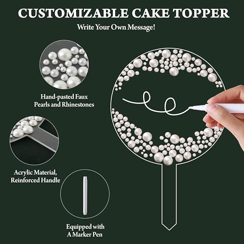 4.9-Inch Round Acrylic Cake Topper with Faux Pearls and Marker Pen by Coucoland (White)