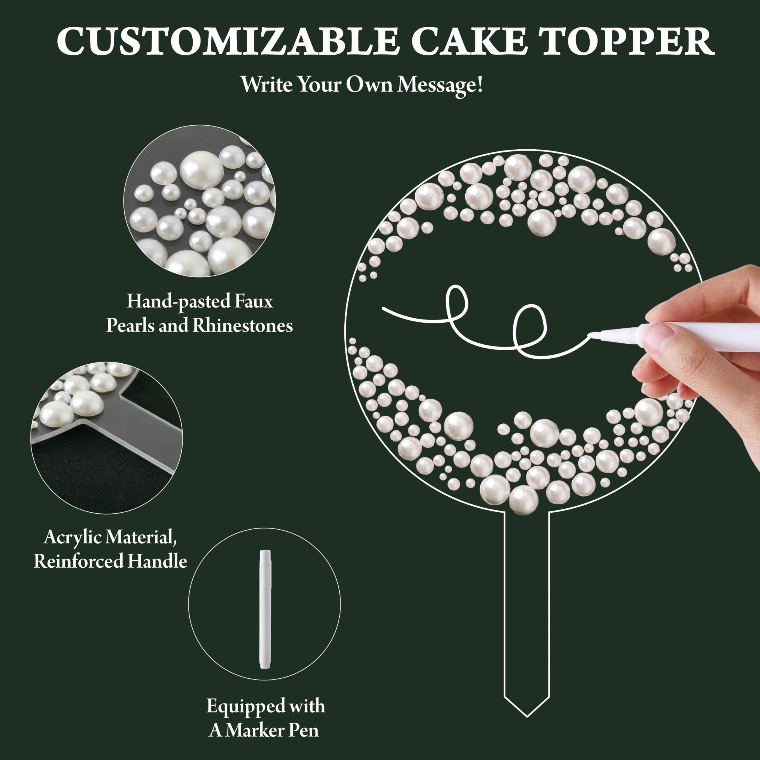 4.9-Inch Round Acrylic Cake Topper with Faux Pearls and Marker Pen by Coucoland (White)