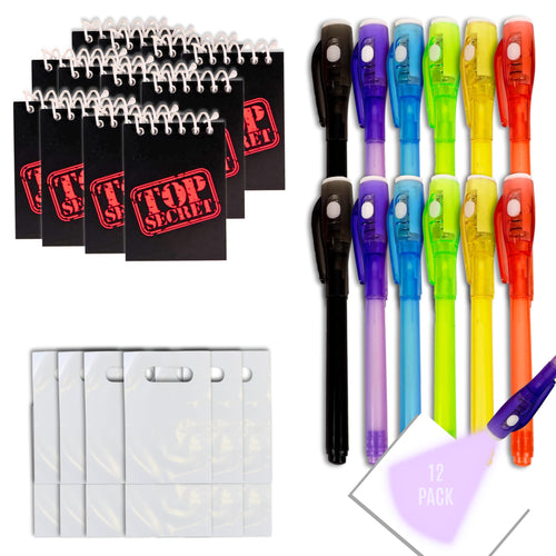4E's Novelty 12-Pack Invisible Ink Pens with UV Lights, Mini Notebooks & Goodie Bags – Spy Party Favors for Kids