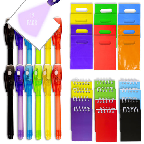 4E's Novelty 12-Pack Invisible Ink Spy Kit with UV Pens, Mini Notebooks & Goodie Bags for Kids Party Favors