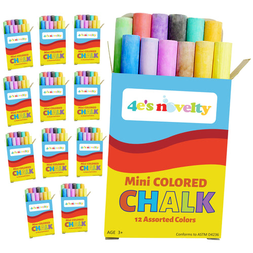 4E's Novelty 144 Mini Chalk Sets - 12 Boxes of 12 Colors, Non-Toxic Sidewalk & Blackboard Chalk for Kids Party Favors