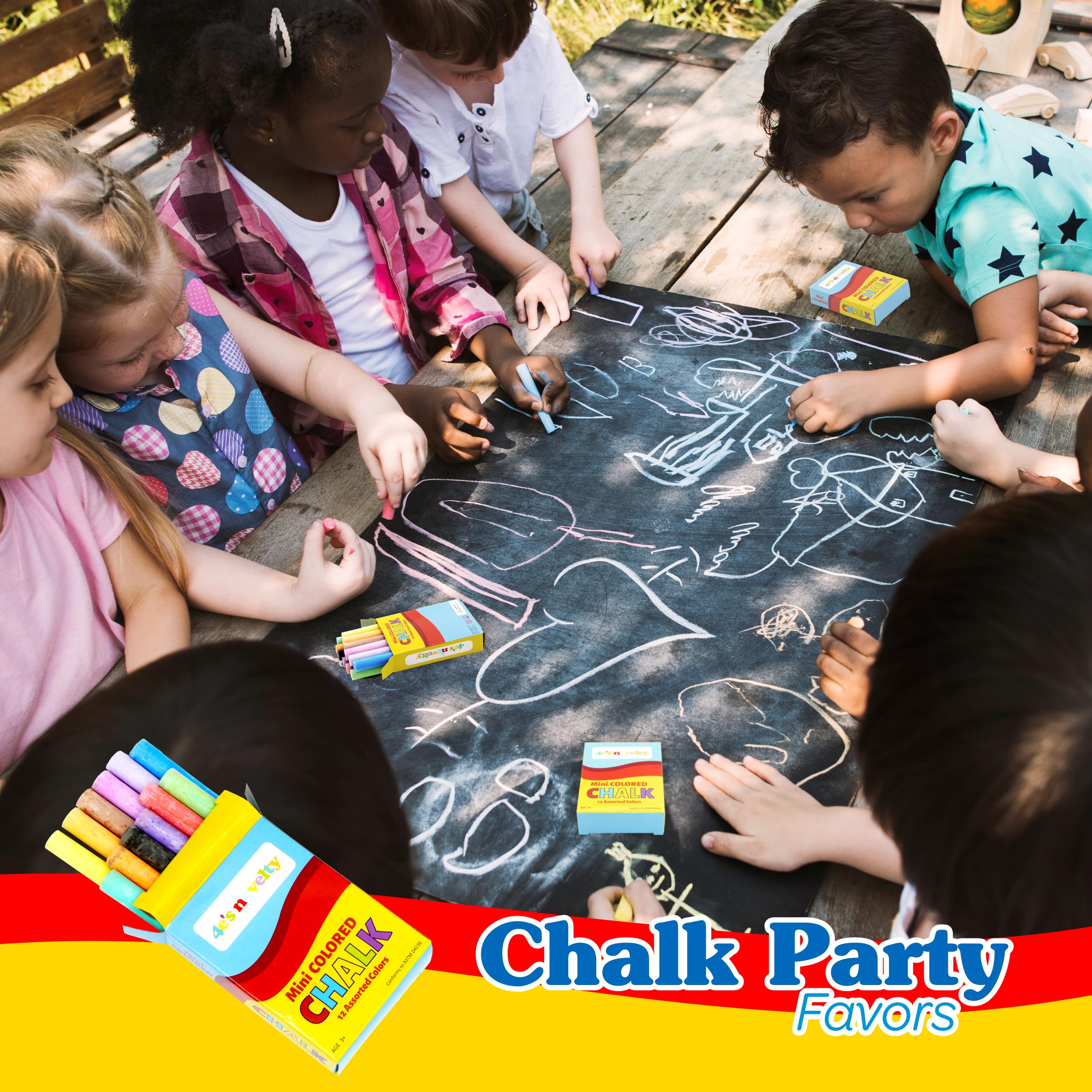 4E's Novelty 144 Mini Chalk Sets - 12 Boxes of 12 Colors, Non-Toxic Sidewalk & Blackboard Chalk for Kids Party Favors