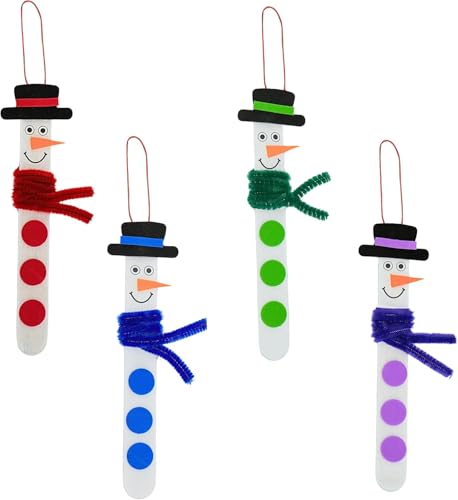 4E's Novelty Christmas Snowman Stick Ornament Craft Kit (4 Pack) – DIY Wooden Foam Ornaments for Kids, Multicolor
